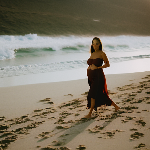 An image showcasing a pregnant woman effortlessly strolling along a sandy beach, wearing comfortable and stylish maternity shorts paired with a flowy top, highlighting the practicality and versatility of this wardrobe choice