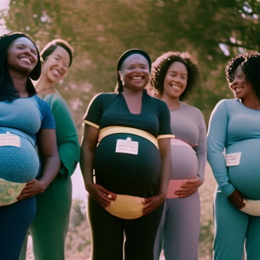 An image showcasing a diverse group of expectant mothers joyfully wearing soft and comfortable maternity sweatpants in various colors and patterns, radiating happiness, comfort, and gratitude