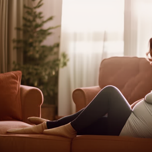 An image showcasing a pregnant woman wearing soft, stretchy maternity sweatpants in a cozy living room