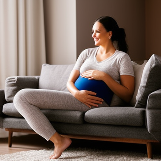 An image capturing the sheer comfort of maternity sweatpants: a radiant mother-to-be relaxing on a plush couch, her hands cradling her round belly, while soft, stretchy sweatpants elegantly drape over her legs, providing ultimate support and blissful relaxation
