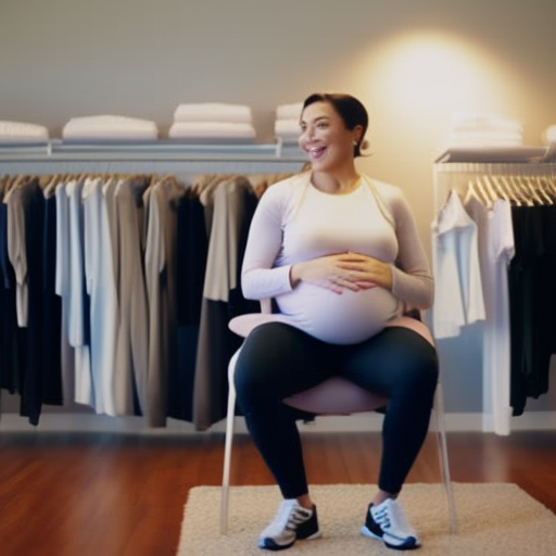 An image showcasing a variety of maternity sweatpants in different sizes, featuring an expectant mother trying on each pair