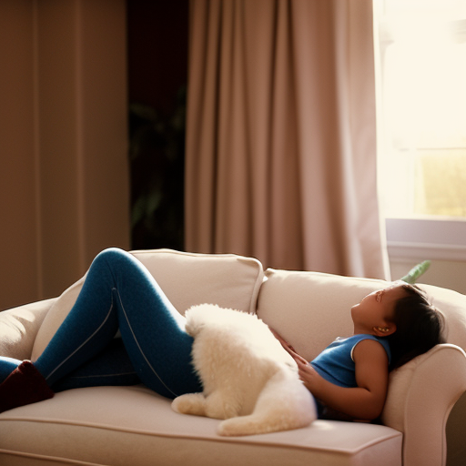 An image showcasing a contented, expecting mother lounging on a plush couch, comfortably clad in stylish maternity sweatpants