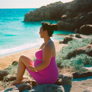 Maternity Swimsuit 7 An enticing image capturing a glowing expectant mother basking in the sun, donning a stylish and form-fitting maternity swimsuit