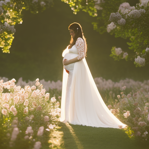 An image capturing the ethereal beauty of a glowing bride in a flowing maternity wedding dress, her delicate silhouette embraced by intricately embroidered lace, as she gracefully glides down a sunlit aisle surrounded by blooming spring flowers