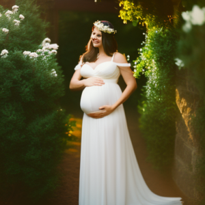 An image of a radiant bride, cradling her baby bump, adorned in an ethereal white chiffon maternity wedding gown