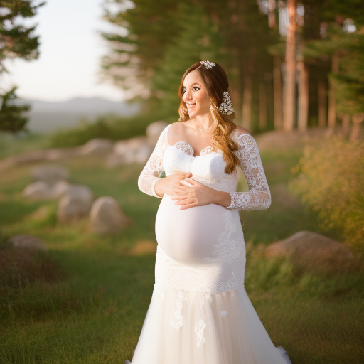 An image featuring a radiant expectant bride, embracing her baby bump while donning a flowing lace maternity wedding dress