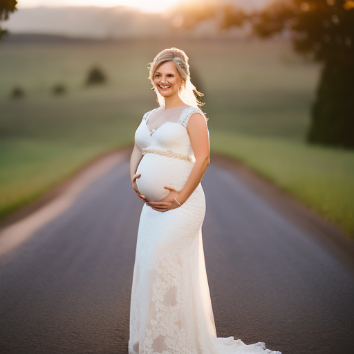 An image showcasing a radiant bride-to-be, glowing with joy, as she elegantly dons a flowing, empire-waist, lace maternity wedding dress