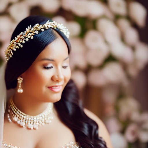 An image showcasing a glowing bride-to-be in a beautiful maternity wedding dress, elegantly accessorized with a delicate flower crown, shimmering pearl earrings, and a sparkling bracelet, radiating joy and confidence