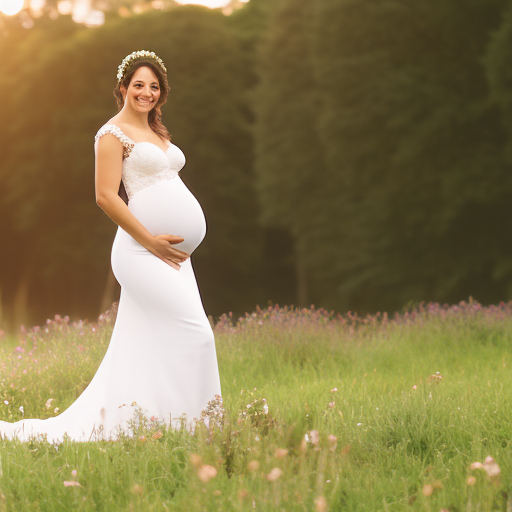 An image showcasing a radiant bride-to-be in a form-fitting, lace-trimmed maternity wedding dress, accentuated with delicate floral appliques and a sweetheart neckline, embracing the growing baby bump with elegance and grace
