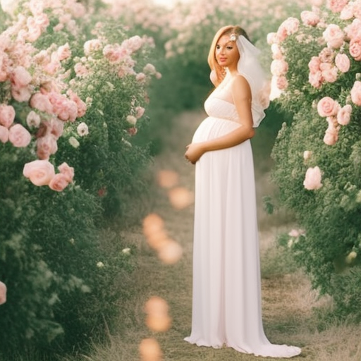 An image featuring a glowing expectant bride, gracefully draped in a flowing empire-waist chiffon gown, accentuating her baby bump
