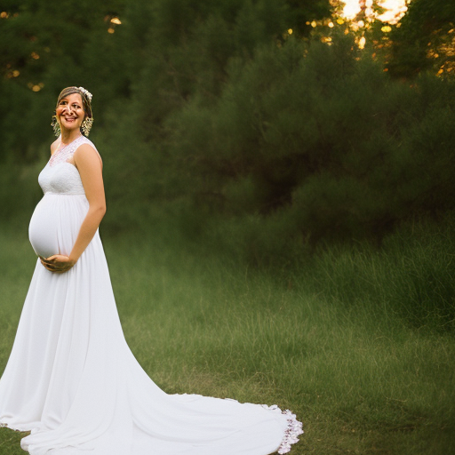 An image featuring a radiant, expectant bride showcasing her blossoming baby bump in a graceful, empire waist, budget-friendly maternity wedding gown