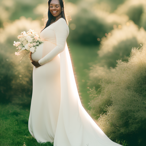 An image showcasing a radiant bride-to-be in a flowing ivory maternity wedding dress, gently cradling her baby bump