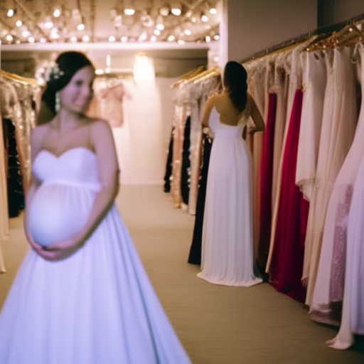 An image showcasing a glowing pregnant bride in a serene bridal boutique, surrounded by racks of elegant maternity wedding dresses