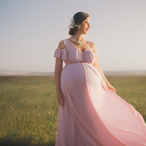 An image showcasing a radiant expectant mother gracefully adorned in a flowing pastel chiffon dress, gently cradling her baby bump while attending a chic wedding