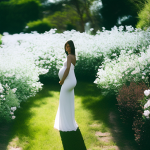a serene garden scene with a glowing expectant mother gracefully standing amidst blooming white flowers, her flowing white dress gently draping her growing belly, capturing the essence of timeless elegance and pure maternity bliss