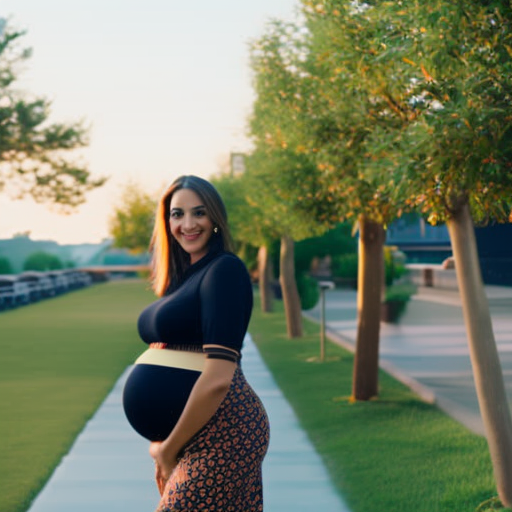 An image showcasing a confident, fashion-forward pregnant woman wearing maternity wide-leg pants