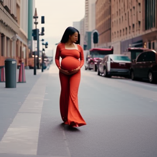 An image showcasing a pregnant woman confidently strolling down a bustling city street, effortlessly rocking a pair of maternity wide leg pants