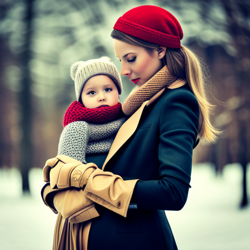 An image showcasing a stylish pregnant woman wearing a cozy winter hat, a soft and warm scarf wrapped around her neck, and fashionable gloves, all in winter colors and textures, complementing her beautiful baby bump