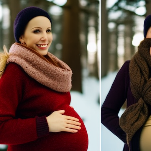 An image showcasing a confident pregnant woman rocking a chic maternity winter coat, effortlessly layering it over a cozy sweater and accessorizing with a stylish scarf and boots, exuding warmth and elegance