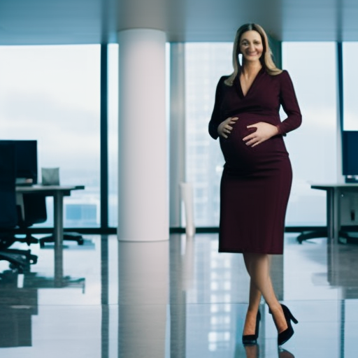 An image showcasing a stylish pregnant woman wearing a professional maternity work dress, confidently navigating a corporate office environment, complete with modern decor and sleek office furniture