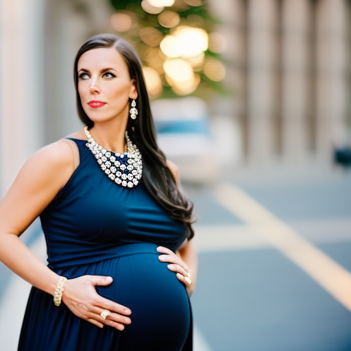 An image showcasing a stylish pregnant woman confidently wearing a knee-length, navy blue maternity work dress, paired with a fitted white blazer, accessorized with a statement necklace, and comfortable black heels