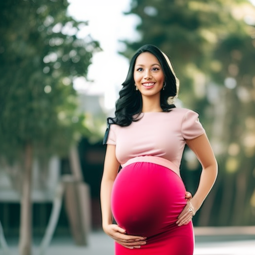 An image showcasing a stylish pregnant woman confidently donning a chic, knee-length, budget-friendly maternity work dress in a bold, solid color