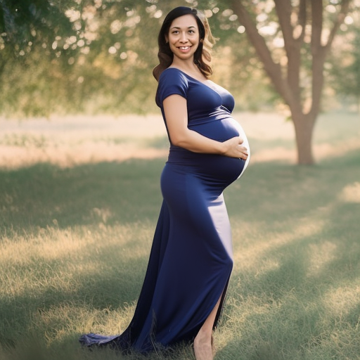 An image showcasing a pregnant woman wearing a figure-hugging, knee-length navy blue dress with a cinched waist, demonstrating the importance of accurate sizing and measurements for maternity work dresses