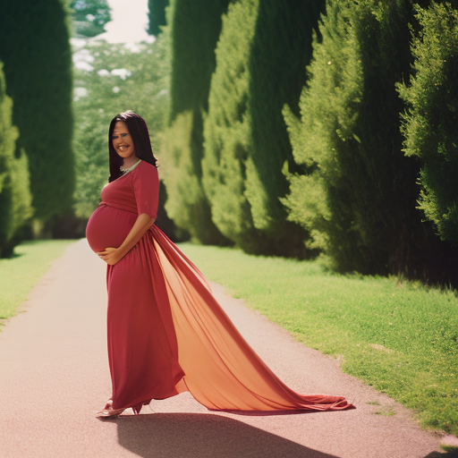 An image showcasing a gracefully pregnant woman in a chic maternity work dress, attending a glamorous special occasion