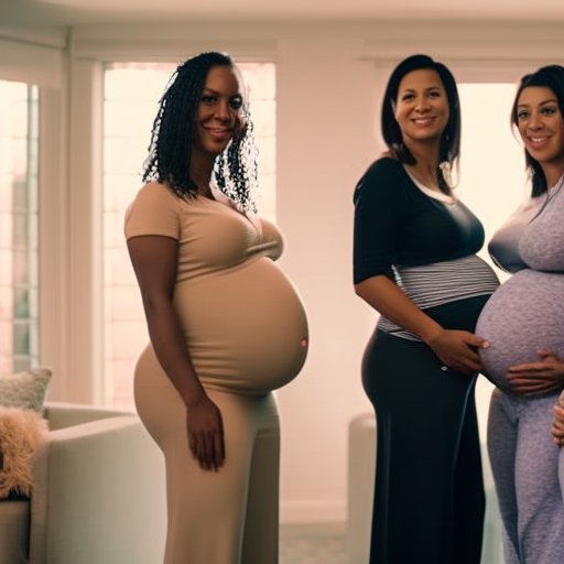 An image showcasing a diverse group of pregnant women wearing stylish maternity work pants that cater to various body types