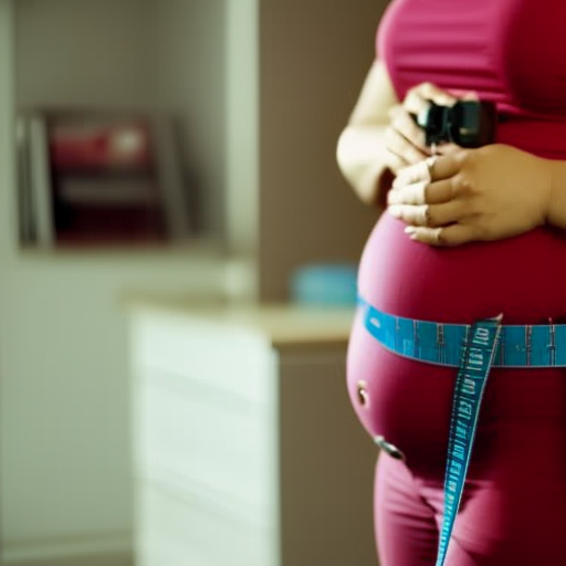 An image showcasing a pregnant woman measuring her waist with a tape measure, while holding a pair of maternity work pants