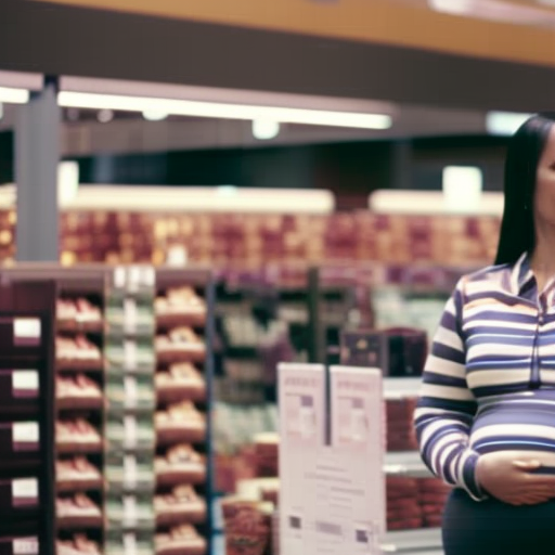 An image showcasing a stylish pregnant woman confidently strutting in comfortable maternity work pants, surrounded by an array of budget-friendly options in a well-organized and colorful display at a department store