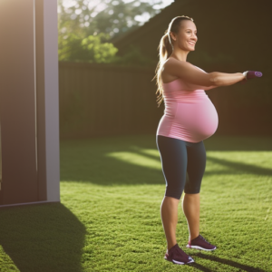 An image capturing a radiant, expectant mother elegantly clad in form-fitting, moisture-wicking workout attire