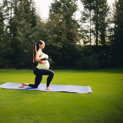 An image showcasing a pregnant woman wearing high-waisted, moisture-wicking maternity workout leggings while performing a variety of exercises like yoga, running, and weightlifting