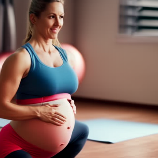 An image showcasing a pregnant woman wearing maternity workout leggings, highlighting their high-rise waistband and stretchy fabric gently hugging her growing belly, providing optimal support and comfort during workouts