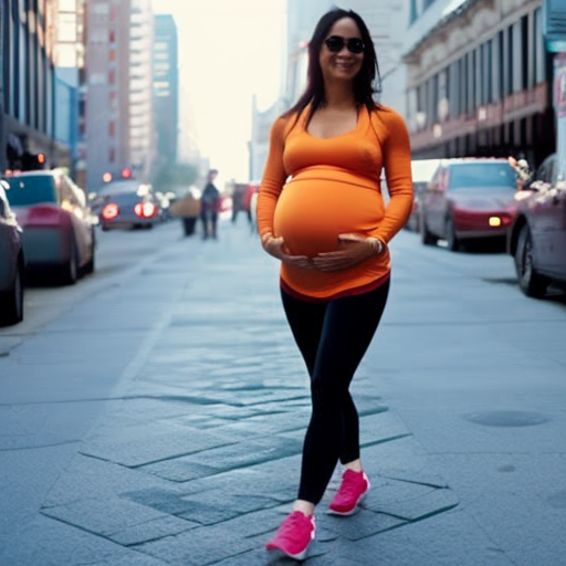 Nt image showcasing a stylish pregnant woman effortlessly rocking a pair of maternity workout leggings while strolling through a bustling city street, exuding confidence and comfort in her everyday wear