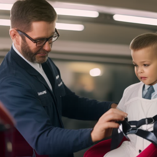 An image showcasing a certified technician thoroughly inspecting a car seat for proper installation, with a concerned parent looking on attentively