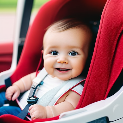 An image that showcases a parent securely buckling a smiling, contented infant into a rear-facing car seat, with an emphasis on proper harness placement, head support, and snugness to highlight key safety tips for infant car seats