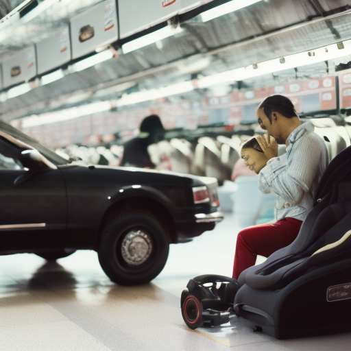 An image showcasing a worried parent carefully selecting a car seat from a range of options, highlighting the importance of car seat selection