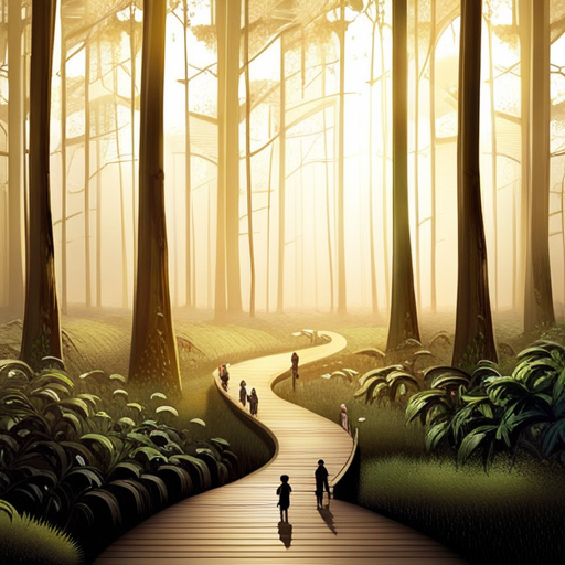 An image displaying two paths diverging in a forest, where one leads to a group of diverse middle schoolers engaged in positive activities, while the other shows a smaller group succumbing to peer pressure and engaging in negative behaviors