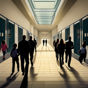 An image capturing the chaotic energy of a middle school hallway, with parents huddled together, exchanging advice and commiserating, while their children navigate the bustling crowds