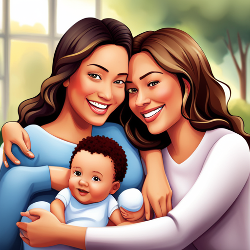 An image depicting smiling new moms, gathered in a cozy living room, sharing stories while cradling their babies