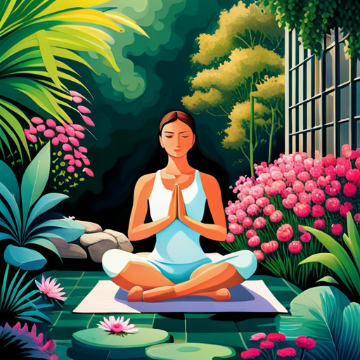An image that depicts a serene garden with a woman practicing yoga, surrounded by vibrant flowers and lush greenery, symbolizing the rejuvenation of the mind and body during the post-birth recovery journey