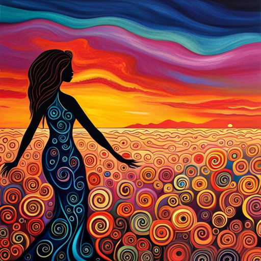 An image of a silhouette of a woman, standing tall against a vibrant sunset, surrounded by swirling patterns of growth and renewal, symbolizing the journey of reclaiming one's identity after childbirth