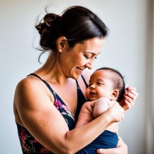 An image that captures a radiant, confident mother embracing her postpartum body, celebrating its strength and beauty