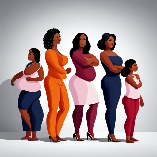 An image portraying a diverse group of mothers standing confidently together, embracing their unique body shapes and sizes