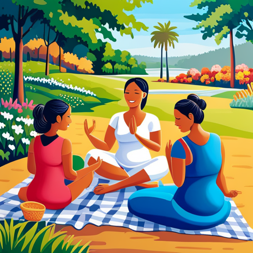 An image of diverse mothers gathered in a park, joyfully engaging in a range of activities such as yoga, jogging, and picnicking