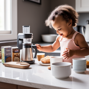 An image capturing the serene chaos of a morning routine with littles: a sunlit kitchen with spilled cereal, a toddler in mismatched pajamas, a baby reaching for a bottle, and a worn-out parent sipping lukewarm coffee