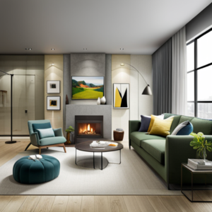 An image showcasing a cozy living room with multiple generations gathered together, featuring a mix of vintage and modern furniture, vibrant family photos on the walls, and a warm fireplace crackling in the background