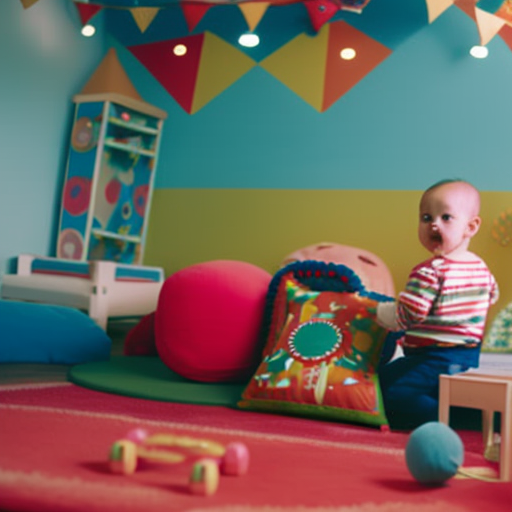 An image showcasing a brightly colored, interactive playroom filled with musical instruments, soft cushions, and vibrant wall decals