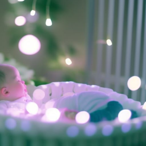 An image depicting a serene nursery scene illuminated by a soft moonlight, where a peacefully sleeping infant is cradled in their crib, surrounded by musical notes floating in the air, symbolizing the harmonious connection between music and deep slumber